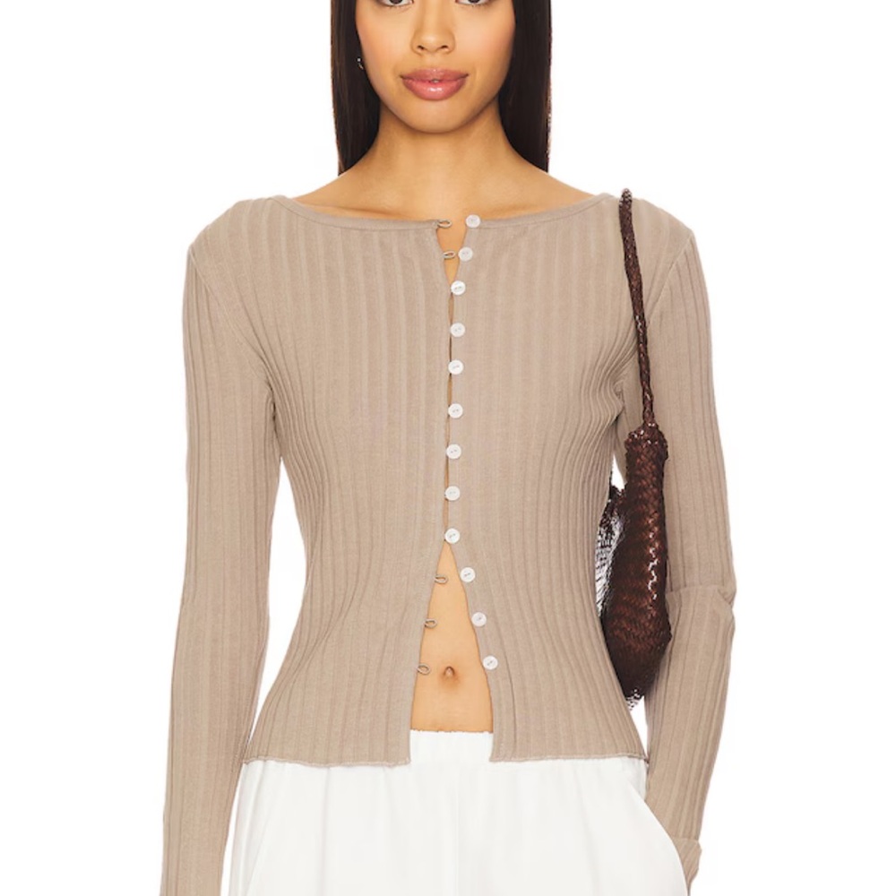 Free People Beige Button-Down Ribbed Top
